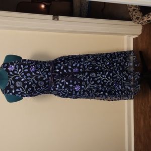 Tahari navy floral sequin organza midi dress